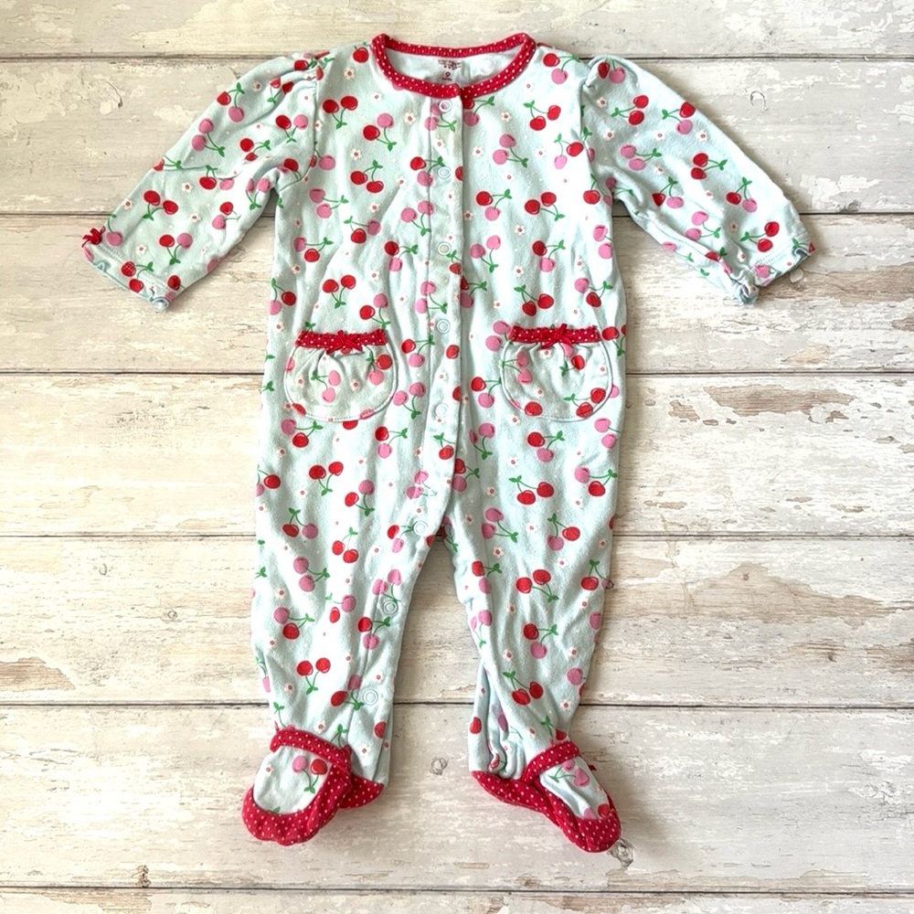 Carters 9m Cherry Fruit Print Baby Girl One Piece Outfit Footie Sleeper Blue Red